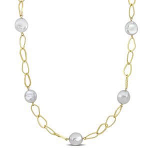 Mimi & Max 14-15mm Cultured Freshwater Coin Pearl Station Chain Halskette aus gelbem Silber – 36 in