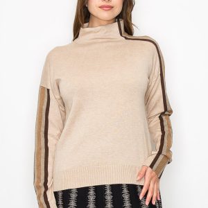 gestreifter Ärmel Mock Hals Pullover 7832919539772