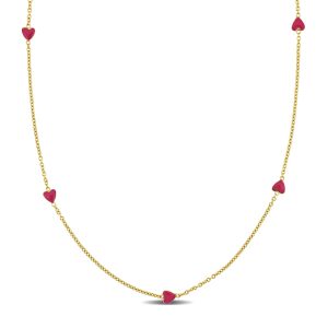 Mimi & Max Rosa Emaille Herz Station Halskette in 14k Gelbgold – 15 in