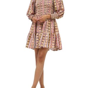 Smocked Flirty 3/4 Sleeve Mini-Kleid in Blütenblatt Olive