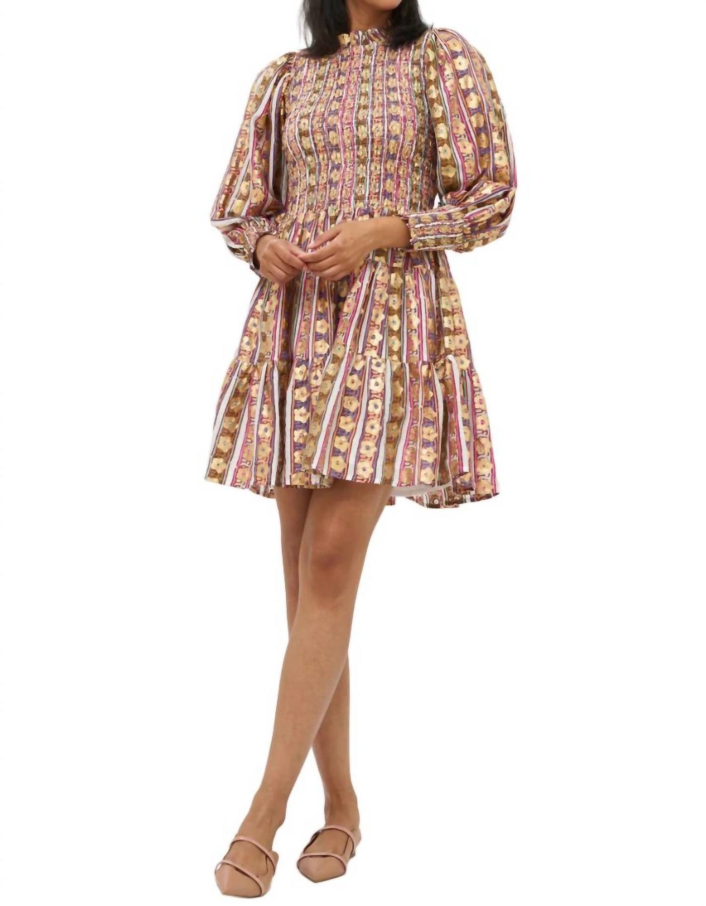 Smocked Flirty 3/4 Ärmel Minikleid in Blütenblatt Oliv