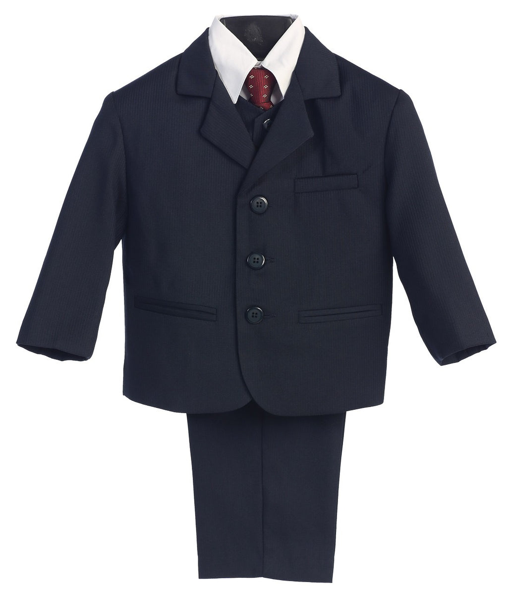 Kleine Jungen Dunkelblau Pin-gestreift Jacke Weste Krawatte Hemd Hose 5 Stück Anzug 2-7