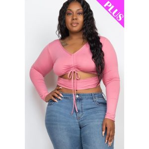 Plus Size Drawstring geraffte cutout crop top 7805700112444