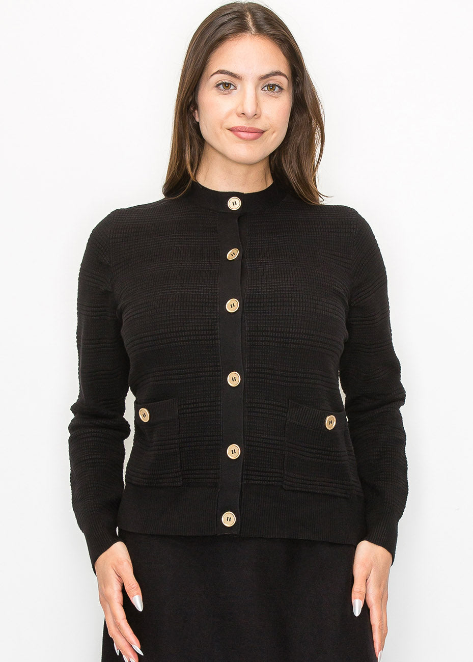 Schwarze Strickjacke mit Knöpfen und Taschen