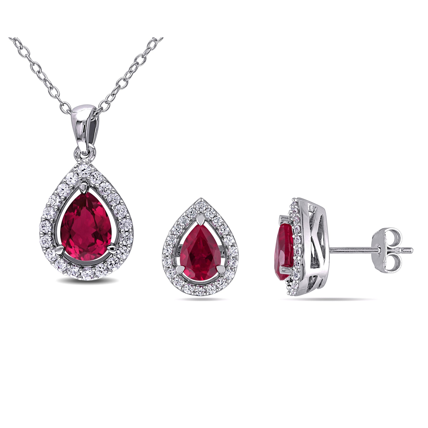 Mimi & Max 4 7/8ct TGW erstellt Rubin und erstellt weißen Saphir Halskette und Ohrringe Set Sterling Silber