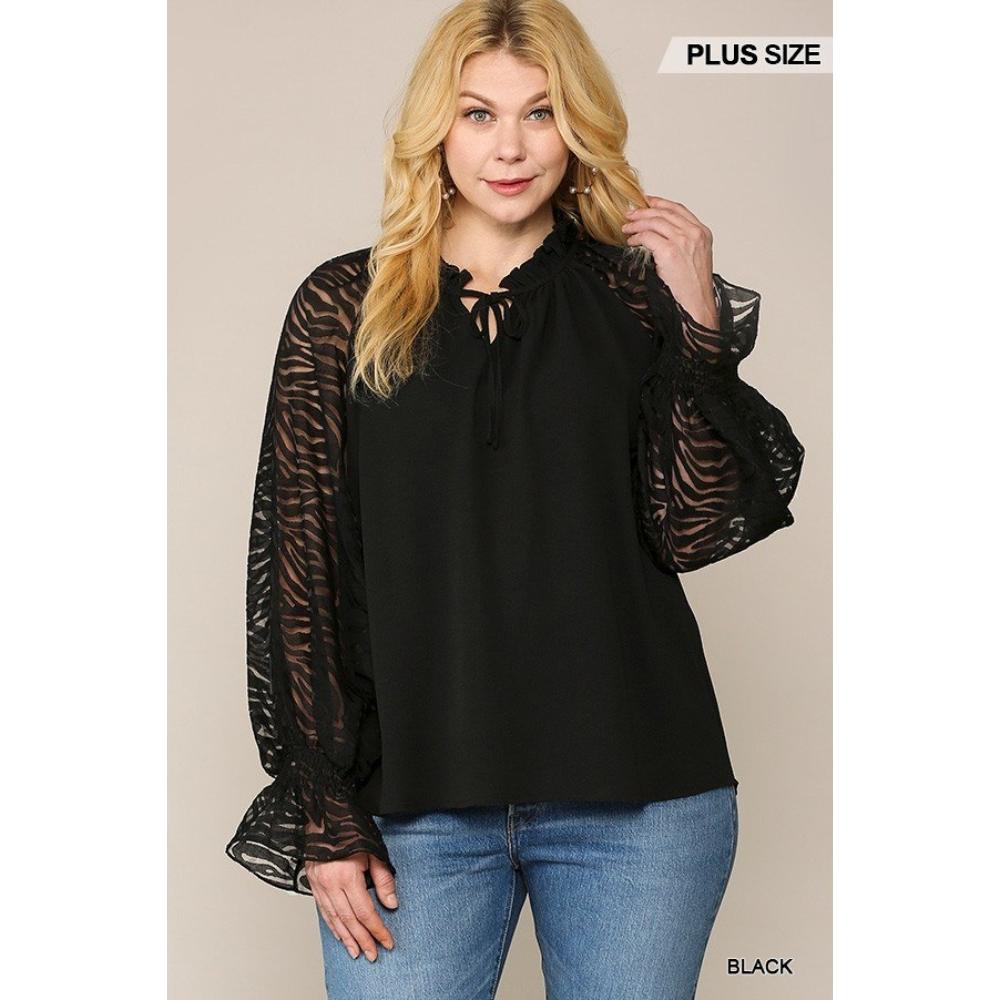 Zebra Burnout Ärmel Rüschen Hals Bubble Crepe Bluse