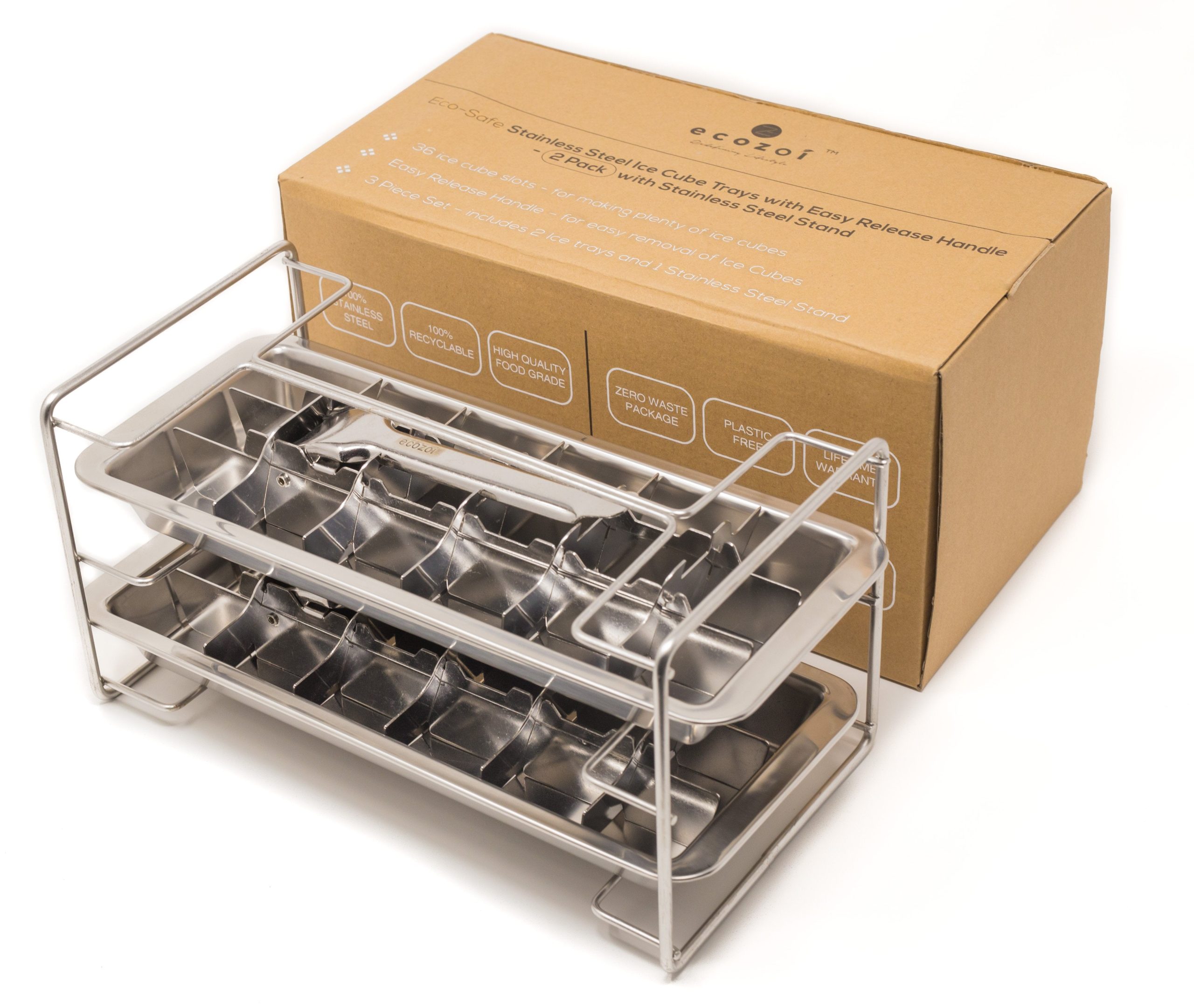 Edelstahl Ice Cube Tabletts mit Easy Release Griff, 2er Packung mit Rack