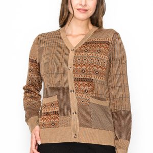 Camel Patchwork Button Strickjacke 7833023873084