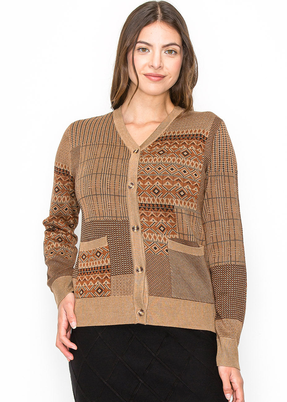 Camel Patchwork Strickjacke mit Knopf