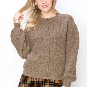 Taupe Strickjacke aus geripptem Strick