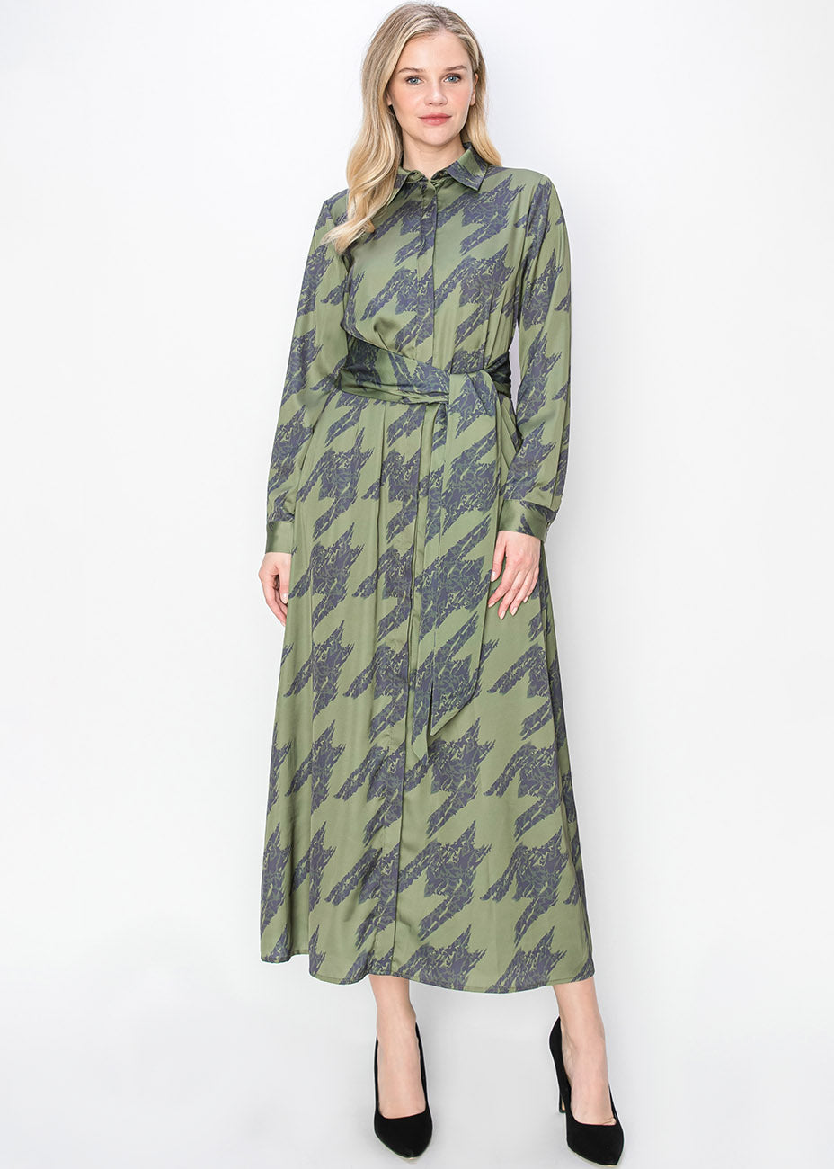 Abstrakte Oliv Langarmkleid