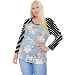 florales Top mit Raglan Stil gestreiften Ärmeln und einem runden Hals 7805704568892
