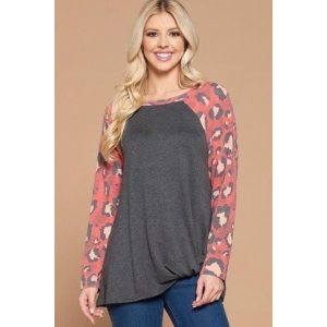 Casual French Terry Side Twist Top With Animal Print lange Ärmel 7805689430076
