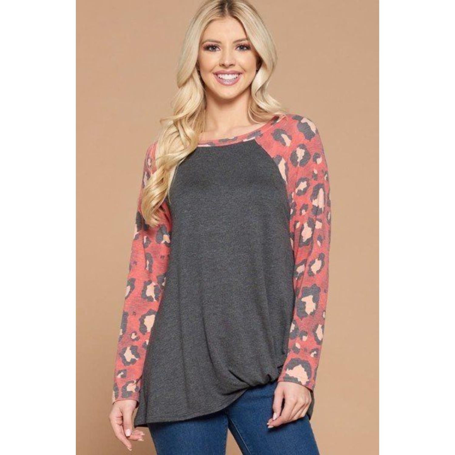 Lässiges französisches Terry Seite Twist Top mit Tiermuster Langarm