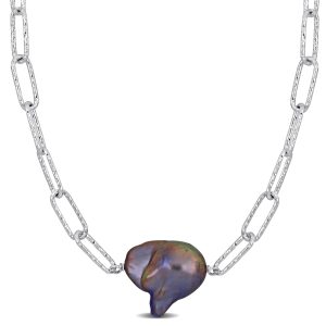 Mimi & Max 13-14mm grau kultiviert Süßwasser Barock Perle Papierclip Halskette in Sterling Silber – 16+2 in