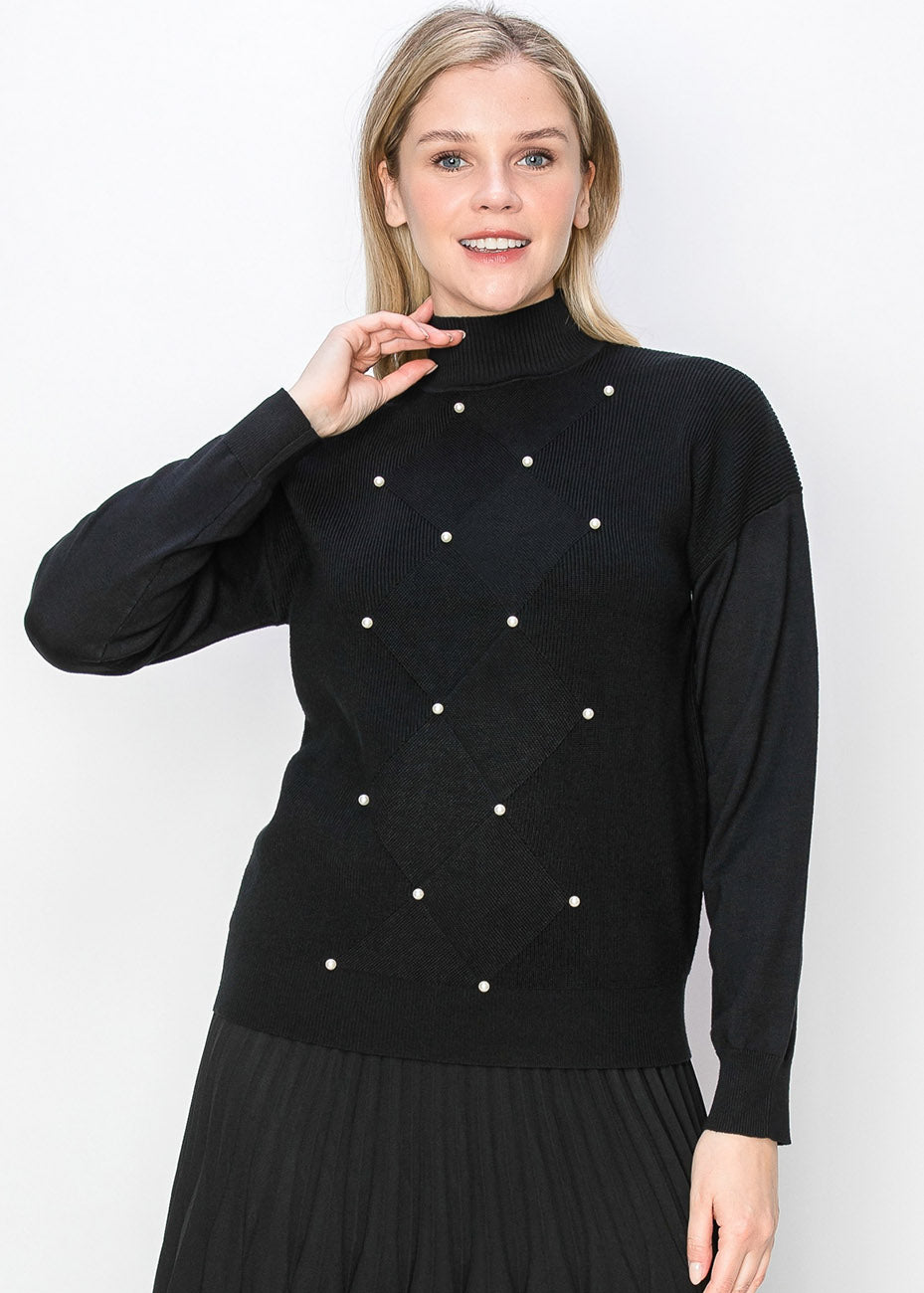 Schwarzer Strickpullover Perle Akzent