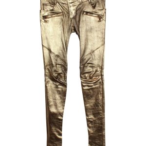 Balmain Skinny Hose aus Gold Lammfell Leder 7703698210876