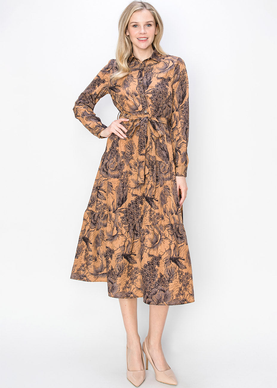 Skizze mit Blumenmuster Rust Midikleid