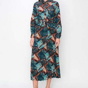 Abstrakt Türkis Plissee Midi Kleid