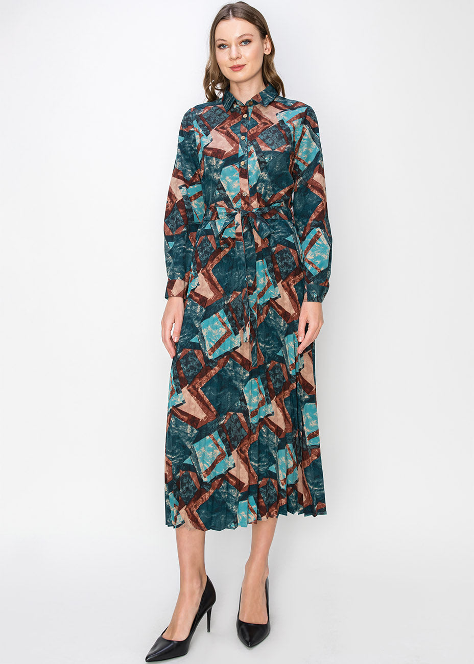 Abstrakt Türkis Plissee Midi Kleid