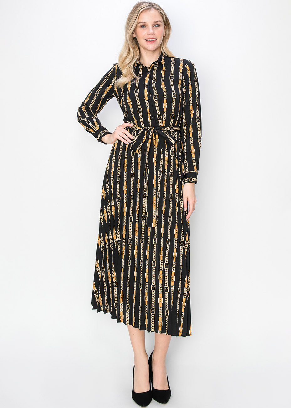 Schwarzes & goldenes Plisseekleid mit Gürtel