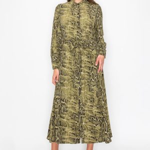grüne Schlange-Druck Knopf-up Kleid 7832913641532
