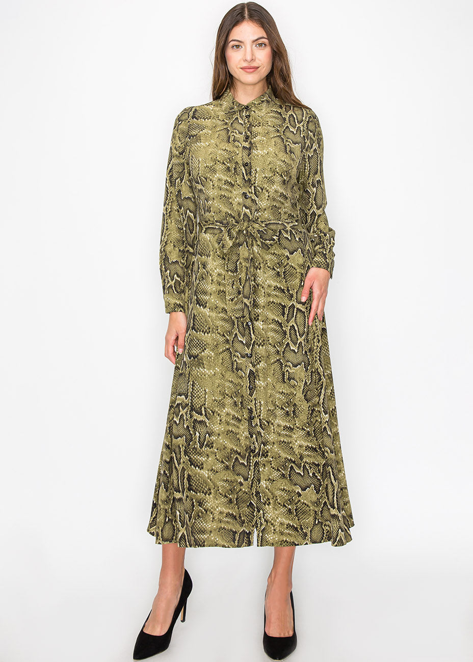 Grünes Schlangenmuster Kleid mit Knöpfen