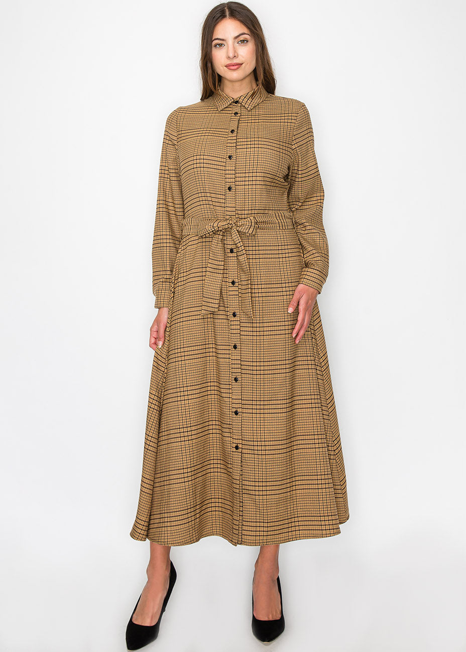 Camel kariert Hemd Kleid mit Gürtel