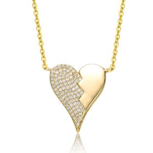 14k Gelbgold überzogen mit Zirkonia gebrochen geknackt Zig-Zag Half & Half gestohlen Herz Anhänger Halskette