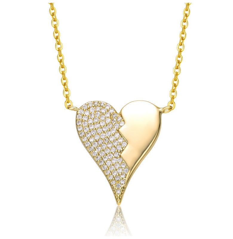 14k Gelbgold überzogen mit Zirkonia gebrochen geknackt Zig-Zag Half & Half gestohlen Herz Anhänger Halskette