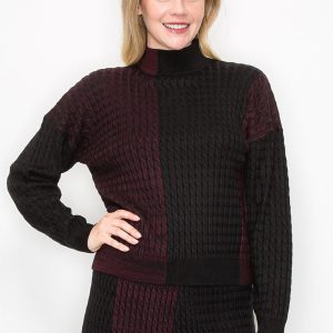 Burgund und schwarz Colorblock Kabel Strickpullover