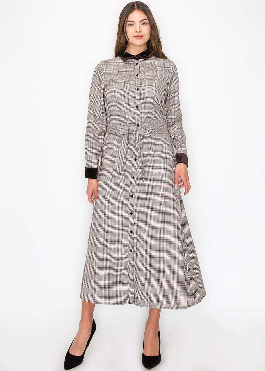 Mauve kariert Maxi Hemd Kleid