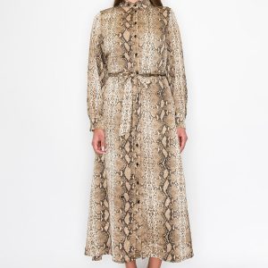 brauner Schlangen-Print lange Ärmel Kleid 7832922193980