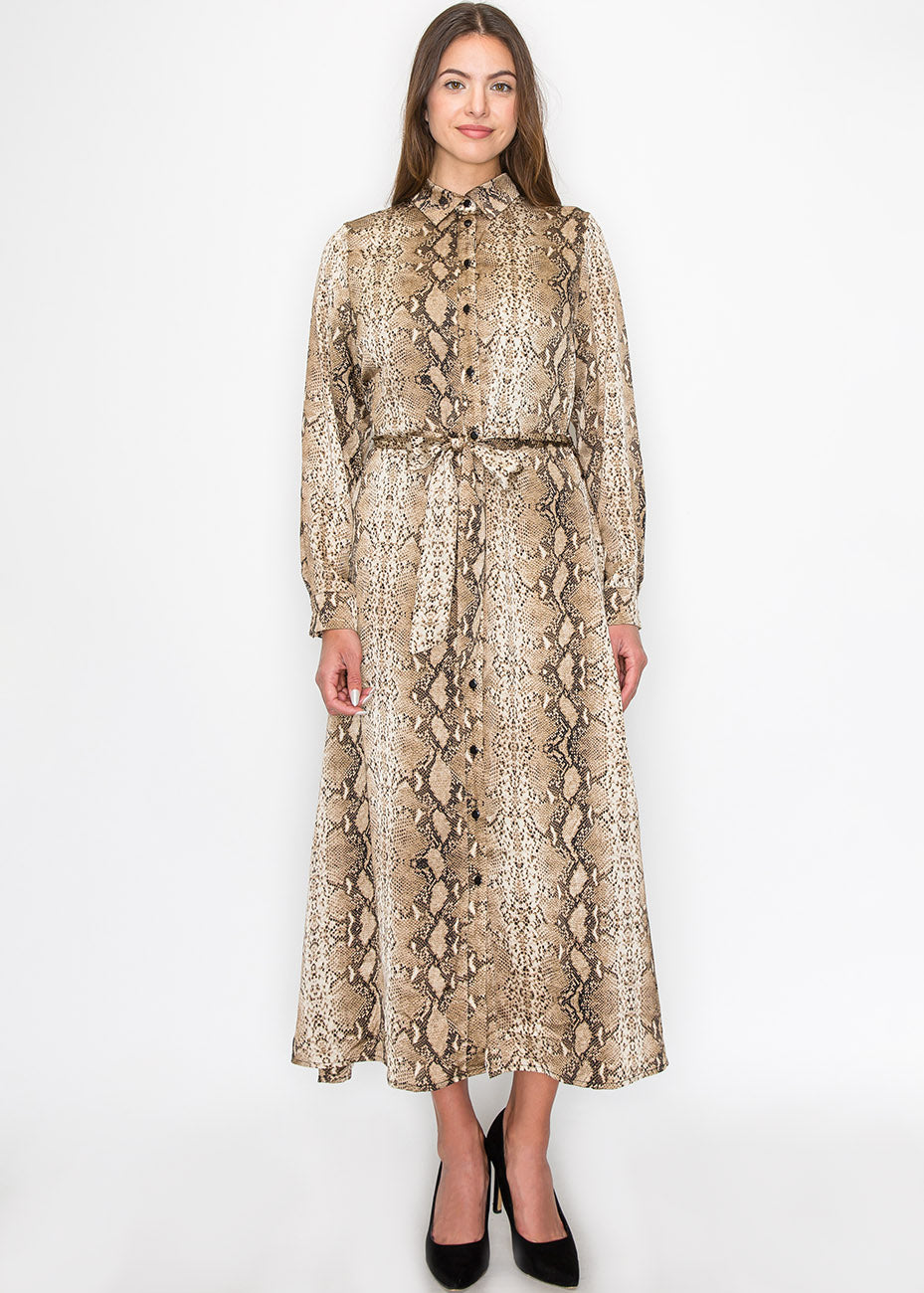 Braunes Langarmkleid mit Schlangenprint