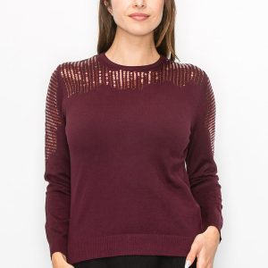 Elegant Burgundy Sequin Pullover 7832922161212