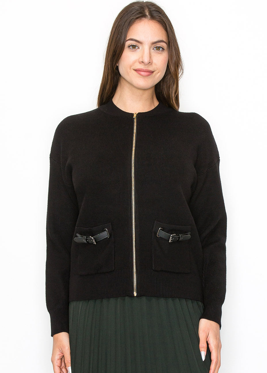 Schwarzer Strickjacke mit Reißverschluss und Taschendetail