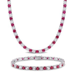 Mimi & Max 47 1/2ct TGW Created Rubin und weißer Saphir Halskette und Armband-Set aus Sterlingsilber