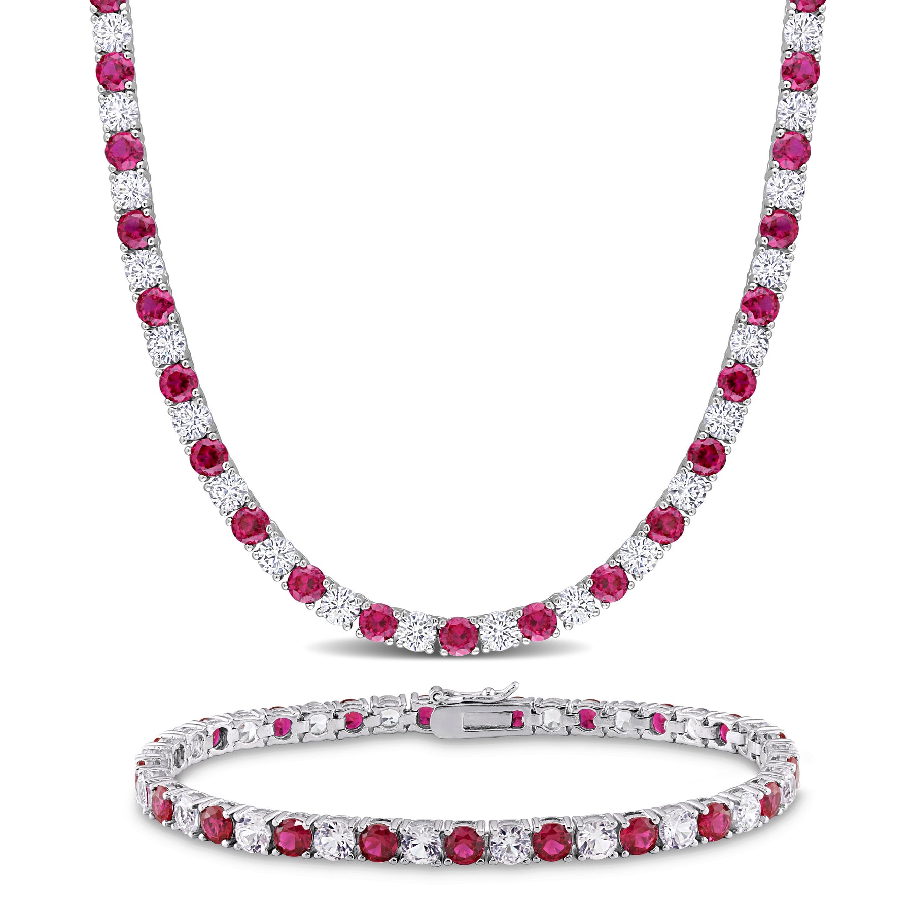 Mimi & Max 47 1/2ct TGW erstellt Rubin und weißen Saphir Halskette und Armband Set Sterling Silber