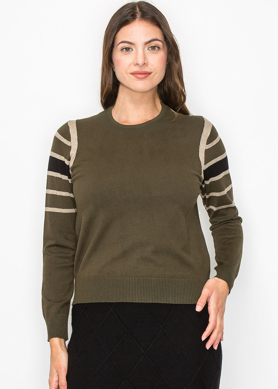 Oliv gestreifter Ärmelpullover