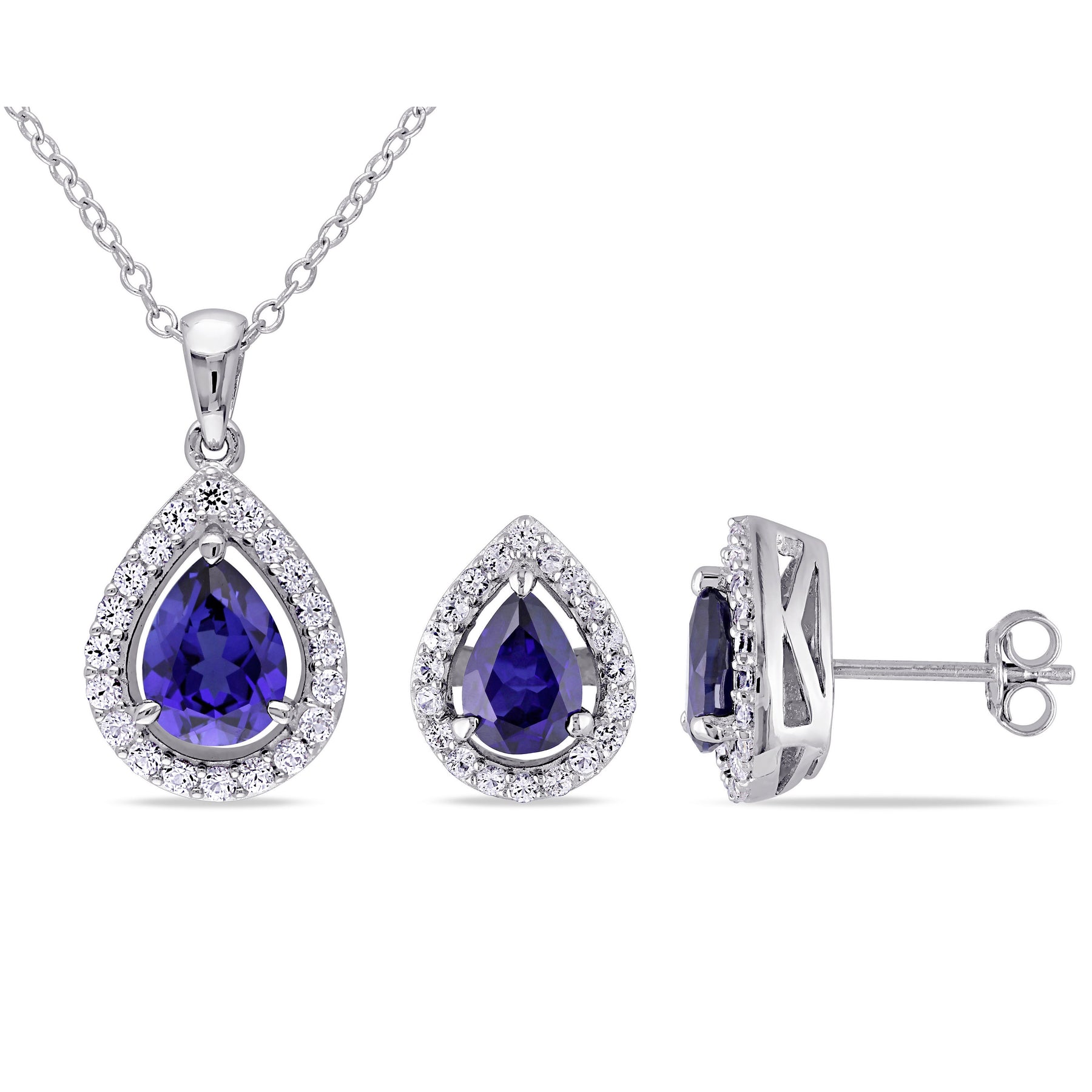 Mimi & Max 4 7/8ct TGW erstellt blau und erstellt weißen Saphir Halskette und Ohrringe Set Sterling Silber