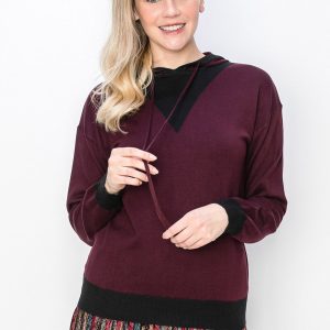 Burgunder Strickpullover mit schwarzem Akzent – Kapuzenpullover