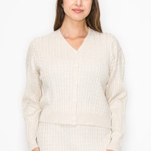 Weiche Creme Kabel Knopf Strickjacke