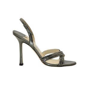 Jimmy Choo Crystal-Embellished Cross Strap Sandalen aus Silber gunmetal Leder 7703705845820