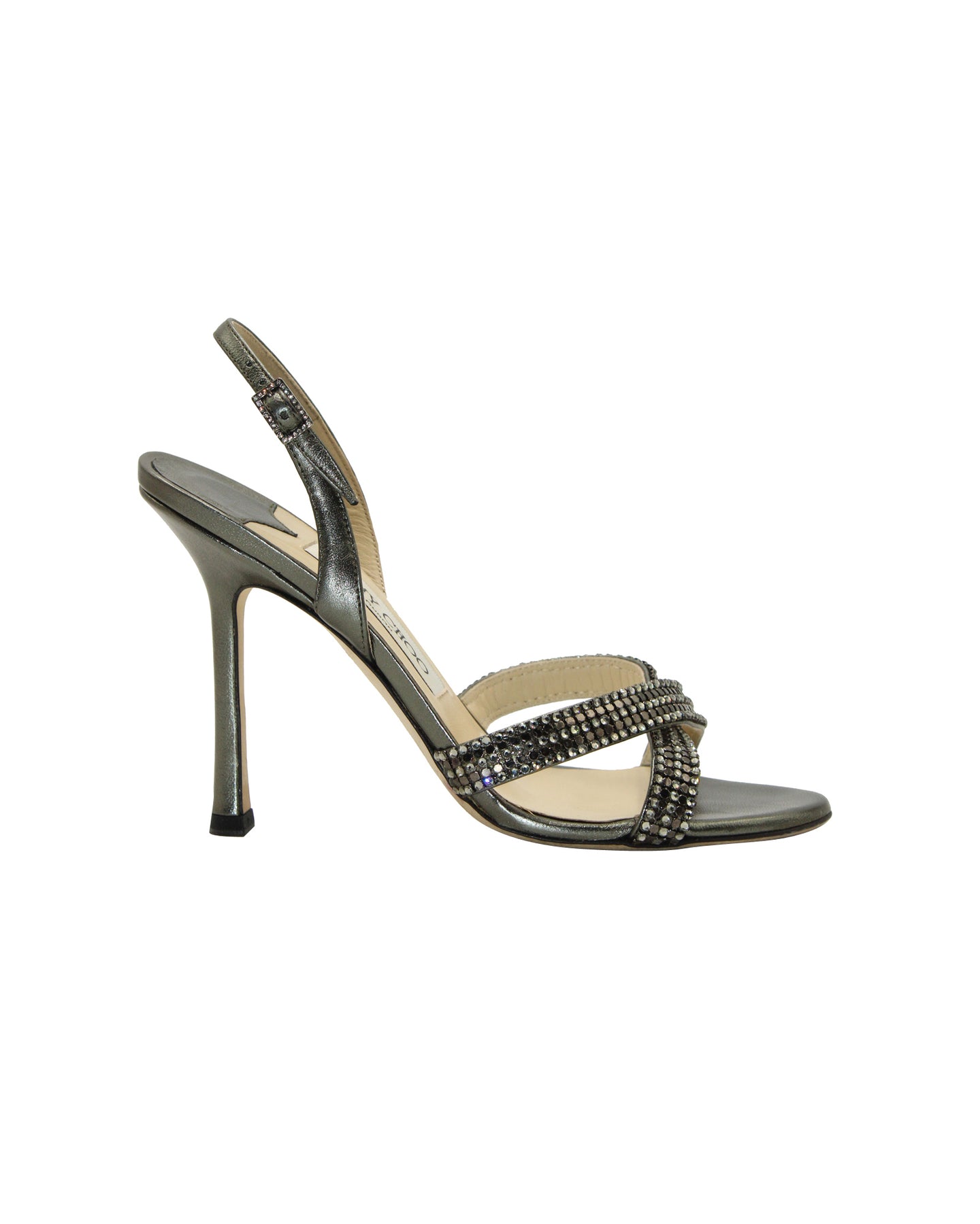 Jimmy Choo Kristall-verziert Cross Strap Sandalen aus silbernem Gunmetal Leder