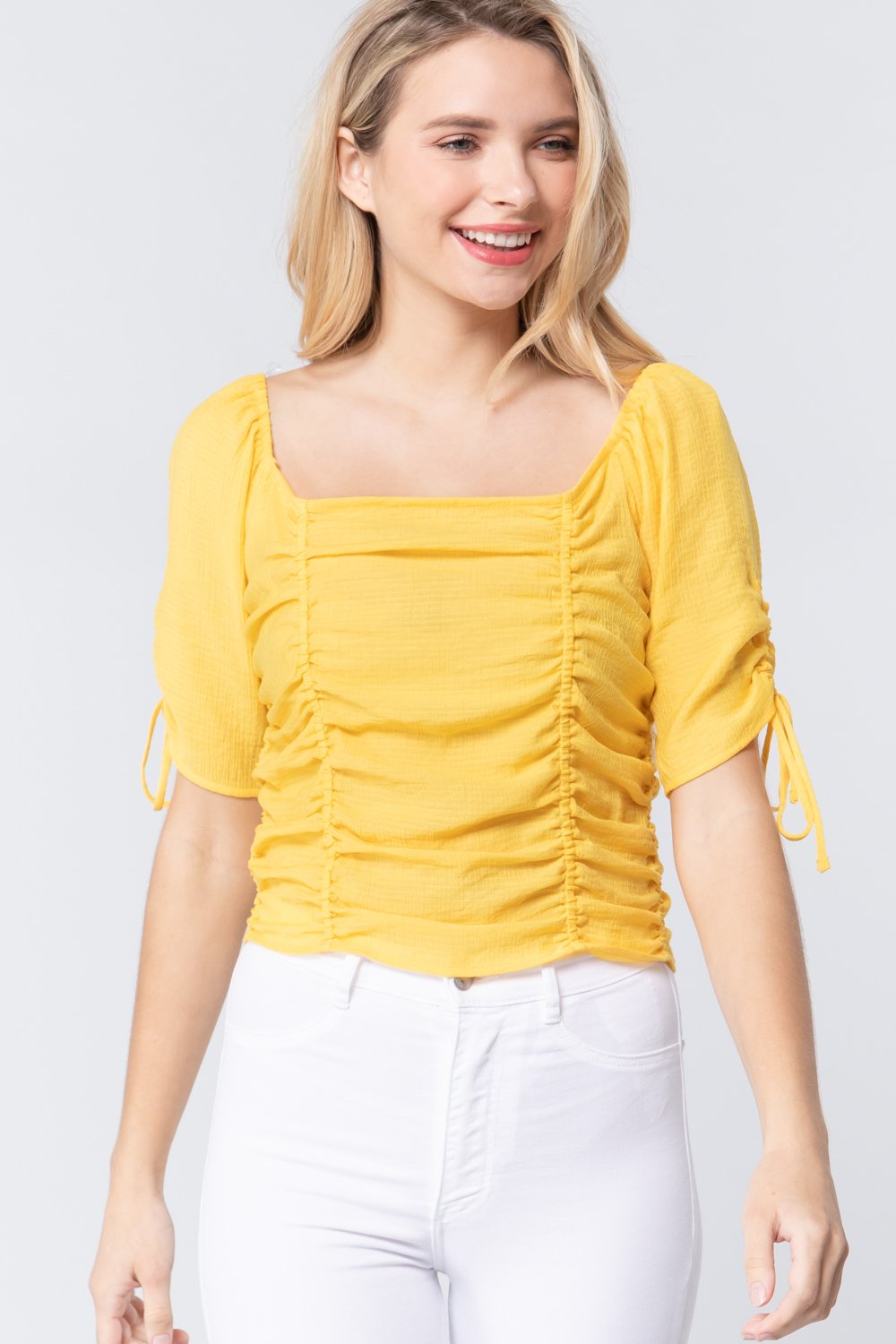 Elbow Slv Smocked gerafftes gewebtes Top