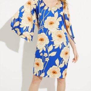 mit Blumenmuster V-Ausschnitt Kleid in königlichen Saphir multi
