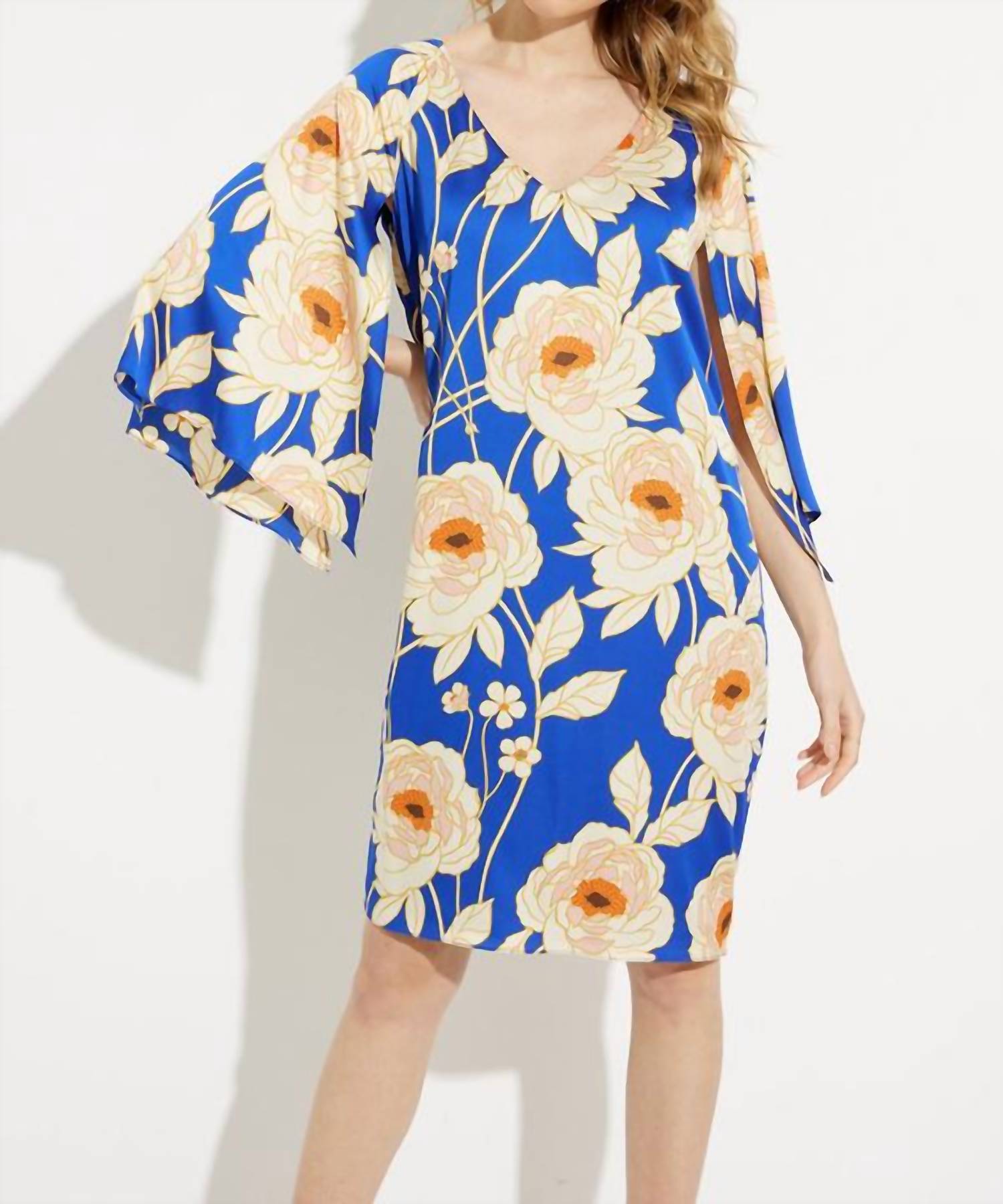 Mit Blumenmuster V-Ausschnitt Kleid in Royal Saphir Mehrfarbig