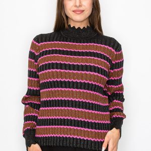 Shimmer Stripe Pullover mit geriffelter Trimmung 7832927207484