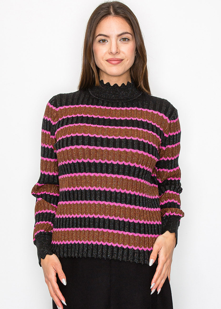 Shimmer Streifen Pullover mit Scalloped Besatz