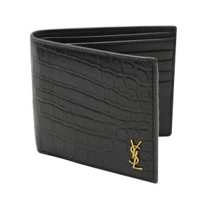 Saint Laurent YSL-Plaque Crocodile Effekt Bi-Fold Geldbörse aus schwarzem Leder